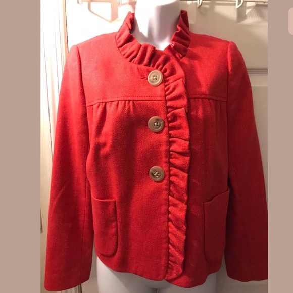 J. CREW Fiona Herringbone Jacket Coat Red Wool Ruffle Trim Donegal Career Work - Picture 2 of 7